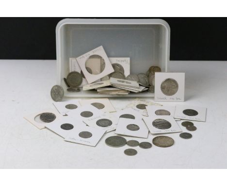 A collection of British pre decimal silver King Edward VII, King George V and King George VI coins to include Half Crowns, Fl