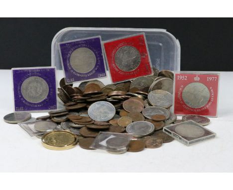 A collection of mainly British pre decimal coins to include King George III examples together with some silver coins, commemo