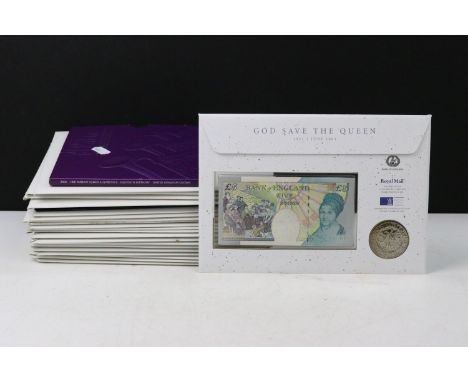 A collection of British coin &amp; banknote first day covers to include 50p, £1, £2 &amp; £5 coins and £5 and £10 banknotes, 