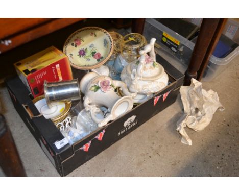 A box of various sundries to include drinking glasses, Capo di Monte coffee and teapot etc. 