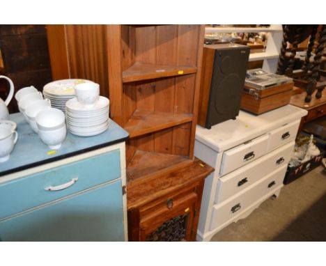 A modern pine corner wall shelf; and a hardwood bedside cabinet 