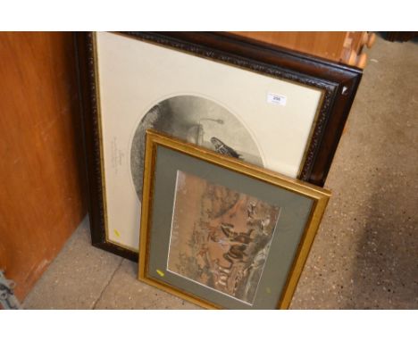 A 19th Century over painted print depicting a hunting scene; together with a horse racing print entitled "Firenze"