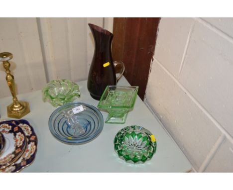 A Cristalleries De Lorraine green and clear glass ash tray; together with an amethyst glass jug, an Art Deco green glass tabl