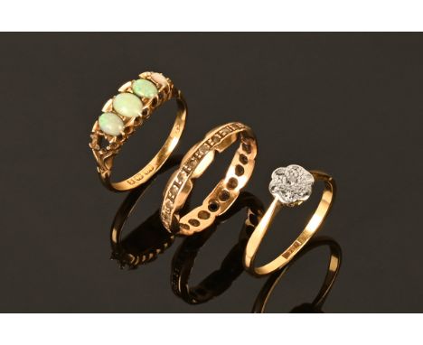 Three rings, 18 ct yellow gold opal (stone missing) 2.7 grams Size R, 18 ct gold diamond daisy cluster ring 2.1 grams Size Q 