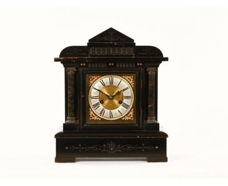 A late Victorian ebonised mantle clock, on square dial and two train striking movement.  Height 41 cm, width 35 cm, depth 15 
