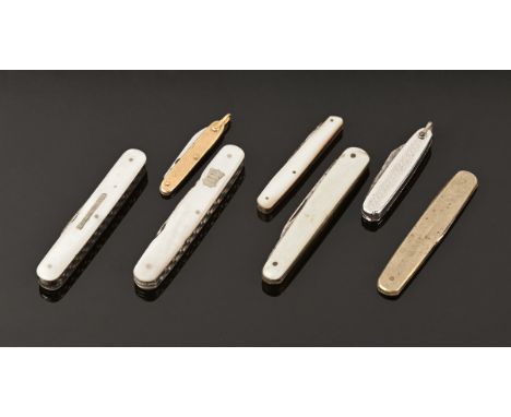 A collection of seven penknives, various, mother of pearl backed, bone and plated.  Longest 86 mm.  This bladed product is no