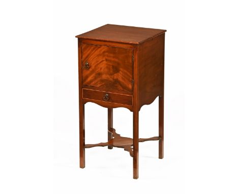 A George III mahogany bedside cabinet, with single door and drawer raised on legs of square section with shaped shelf.  Heigh