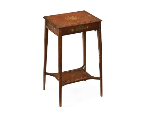 An Edwardian painted side table, with moulded edge recessed frieze and tapered legs of square section with shelf.  Height 69 