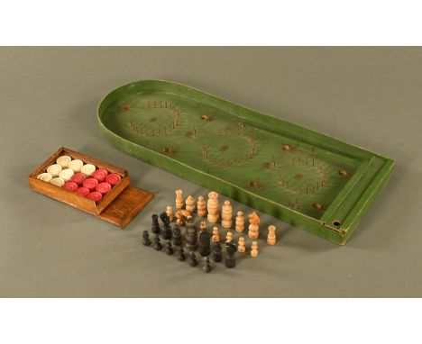 A vintage bagatelle board, together with a chess set, draughts etc.