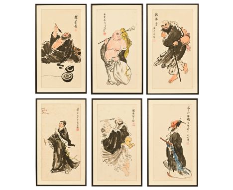 A set of six 20th century Chinese paintings on paper, depicting artists and musicians, mixed media each with one seal of the 