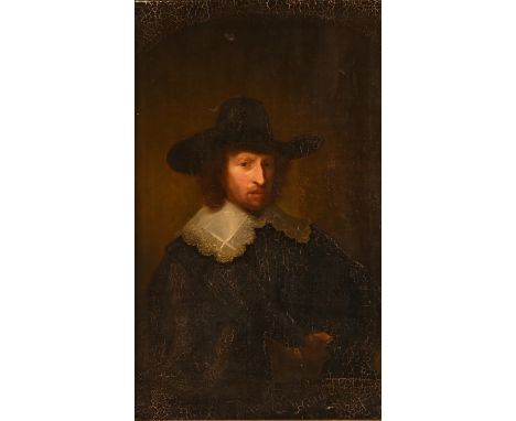 In the manner of John Michael Wright (1617-1694), portrait of a gentleman wearing a black hat and white lace ruff, head and s