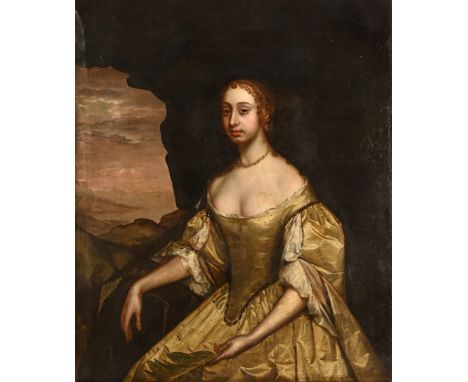 Follower of Peter Lely 1618-1680, portrait of a lady, three quarter length wearing a yellow dress with an extensive landscape