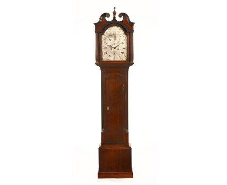 A George III oak cased swan neck pediment longcase clock with silvered dial, eight day movement, maker John Scott, Edinburgh.