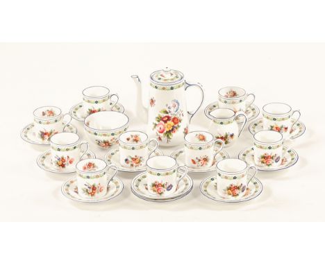 A Hammersley &amp; Co foliate patterned coffee service, comprising 11 cups, 12 saucers, sugar basin, cream jug and coffee pot