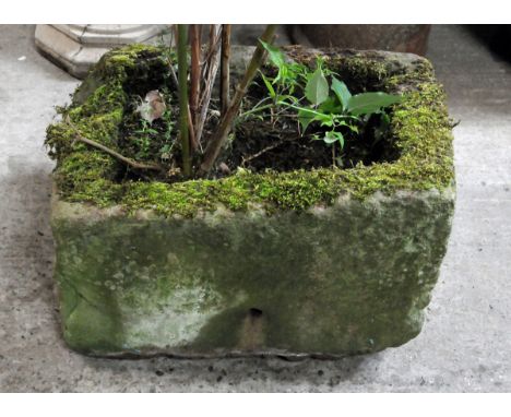A rectangular sandstone trough.  Height 35 cm, width 64 cm, depth 50 cm.