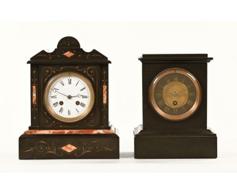 Two late Victorian black slate mantle clocks, one with two train striking movement, the other timepiece only.  Tallest 28 cm.