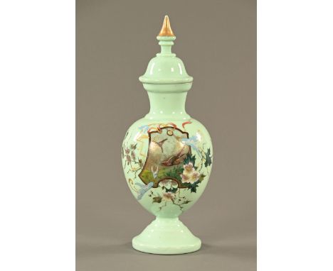 A late Victorian glass vase and cover, decorated with birds.  Height 44 cm. CONDITION REPORT: The glass is structurally sound