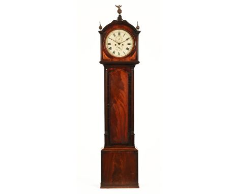 An early 19th century Scottish inlaid mahogany cased longcase clock, with two train striking movement and circular dial, the 