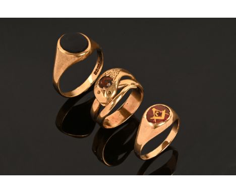 A 9 ct gold garnet snake set ring, size S, 5.7 grams, a Masonic ring stamped 10 k , size S, 4.2 grams, and a 9 ct gold hardst