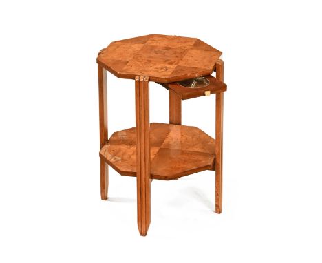 An Art Deco smokers burr wood occasional table, with slide to ashtray, two tier.  Height 50 cm, top width 34.5 cm.