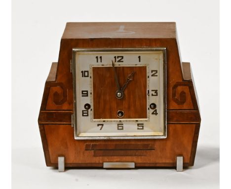 An Art Deco walnut cased Westminster chime three train mantle clock.  Height 22 cm, width 26 cm, depth 14 cm. CONDITION REPOR
