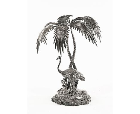 A Victorian Elkington plate table centrepiece, modelled as an ostrich under palm trees.  Height 41 cm. CONDITION REPORT: This