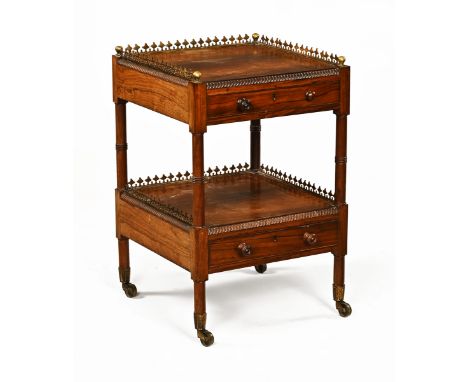 An early 19th century rosewood whatnot stand, with brass gallery moulded edge and fitted with a drawer to each tier raised on