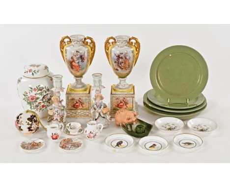 A pair of continental vases on stands, pomander, Aynsley jar and cover, four green Branham plates, Worcester coasters etc.