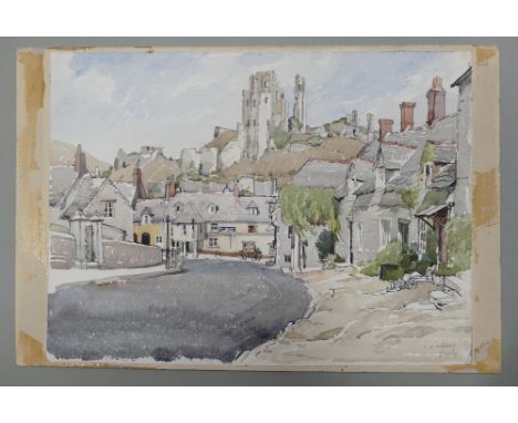 Reginald George HAGGAR (1905–1988) Village Scene with Castle Ruins on a Hill. Signed and dated lower right 'R G Haggar 9 Sept