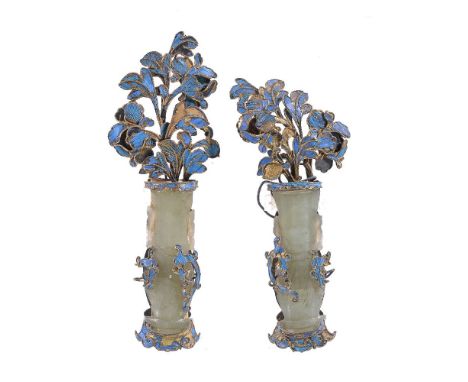 A pair of Chinese jade and kingfisher hair ornaments, Qing Dynasty, circa 1840, the celadon jade carved as slender vases and 