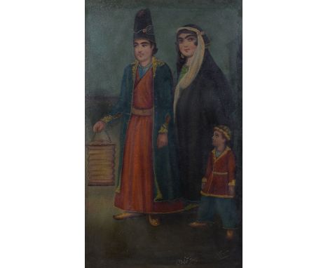 A Qajar style portrait of a young couple, Persia, early 20th century, the man holding a lantern, their son to one side, oil o