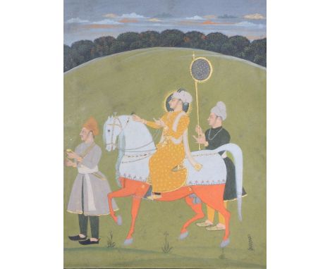 An Indian portrait of a ruler on horseback, Mewar, Rajasthan, India, 18th century, with two attendants, gouache with gold on 