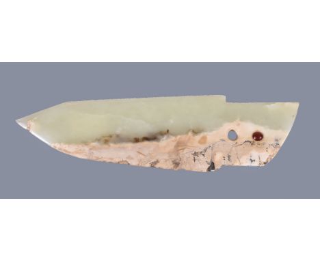 A Chinese archaistic celadon and white jade blade, with a single circular aperture and another hard stone filled aperture, th