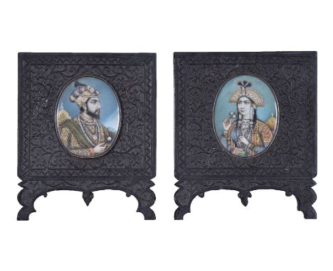 Two Indian portrait miniatures of Shah Jahan and Mumtaz Mahal, Company School, Delhi or Agra, circa 1860-80, depicting the Mu
