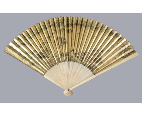 Y A Chinese painted gold-ground fan, depicting the West Lake in Hangzhou, late Qing Dynasty, by the Shu Lain Ji workshop, the