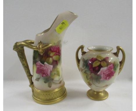 A Royal Worcester tusk jug, together with a Royal Worcester pedestal vase, both decorated with pink and red roses, shape numb