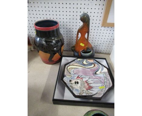 A Black Ryden octagonal plate, decorated with a fish by Bossons, diameter 9.5ins, together with a Dennis China Works vase, de