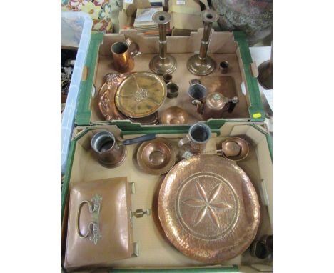 Two boxes of assorted copper items, to include a casket, dishes, candlesticks etc