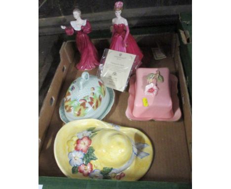 A Clarice Cliff butter dish, a Royal Winton butter dish, a Beswick wall pocket and two Coalport figures