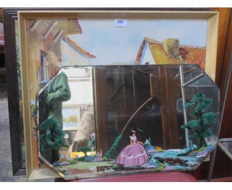 OIL ON BOARD, VICTORIAN CRINOLINE MIRROR AND DOYLY JOHN PRINT 'DOWN TO THE BEACH