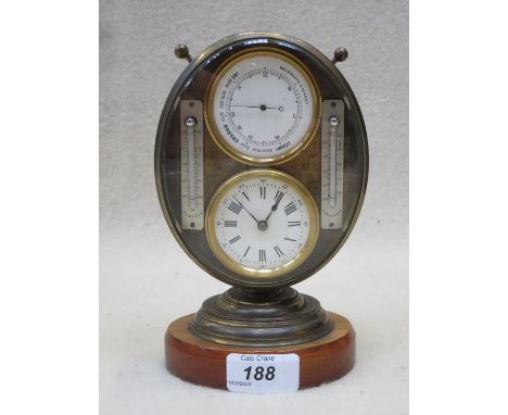 19th CENTURY BRASS AND GLASS DESK BAROMETER AND CLOCK SET 