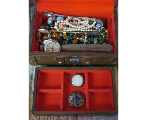 TIMEX WRISTWATCH + VARIOUS COSTUME JEWELLERY, SILVER BROOCH ETC.  ALSO SILVER SUGAR TONGS