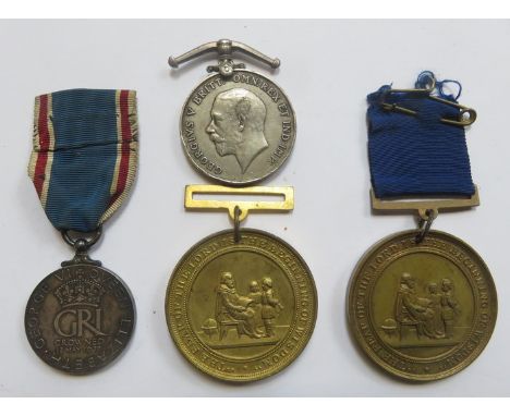 FIRST WORLD WAR MEDAL, ST JOHNS STRETCHER BEARER. ALSO COMMEMORATIVE MEDAL AND TWO SCHOOL MEDALS.