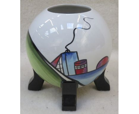 LORNA BAILEY HANDPAINTED GLAZED CERAMIC GLOBULAR VASE ON RAISED SUPPORTS- DECO HOUSE, SIGNED TO BASE, APPROXIMATELY 17cm HIGH
