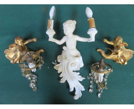 PAIR OF VICTORIAN GILDED CHERUB FORM WALL SCONCE LIGHT FITTINGS (AT FAULT) PLUS ANOTHER LARGER 