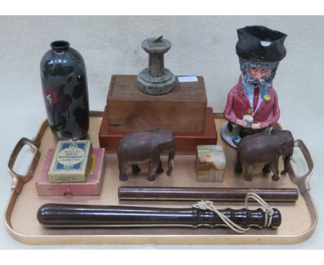 SUNDRY LOT INCLUDING CHESS PIECES, TRUNCHEON, PLAYING CARDS, BATON AND TREEN ELEPHANTS, ETC. 