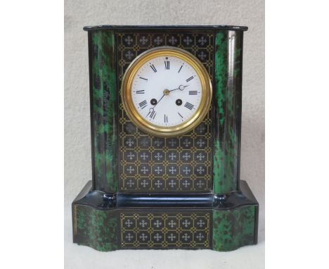EBONISED AND BRASS INLAID VICTORIAN MANTLE CLOCK WITH CIRCULAR ENAMELLED DIAL, APPROXIMATELY 33cm HIGH