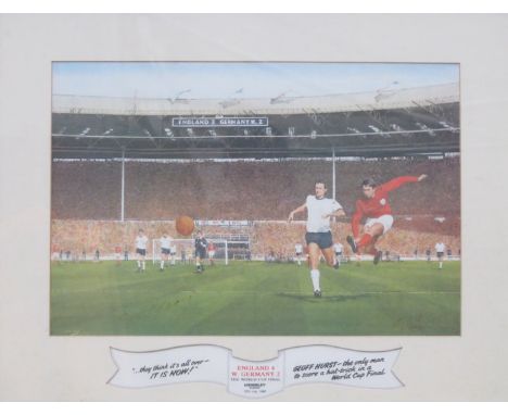 ENGLAND Vs GERMANY WORLD CUP FINAL 1966 PRINT, BEARING SIGNATURES, ONE POSSIBLY BY GEOFF HURST, APPROXIMATELY 44cm x 59cm
