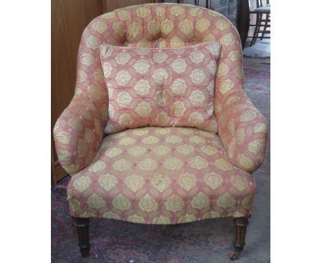 VICTORIAN UPHOLSTERED BUTTON BACK TUB CHAIR ON WALNUT FEET