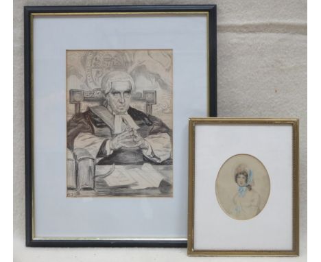 FRAMED PORTRAIT PRINT OF A JUDGE AND SMALLER OVAL VICTORIAN STYLE PORTRAIT 